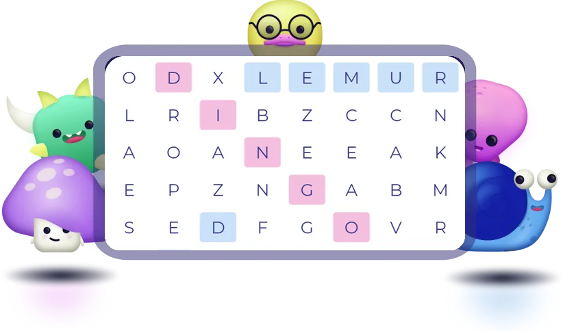Word Search Battle game screen with a puzzle in play, the mascots around it
