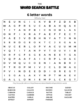 Printable Hard 6 letter words Word Search