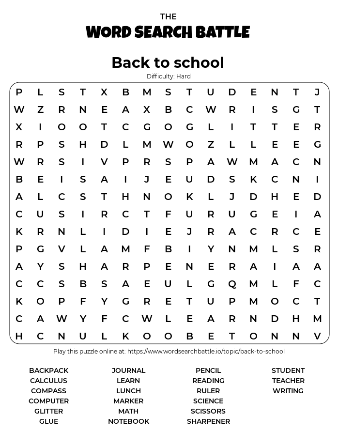 Printable Back To School Word Search