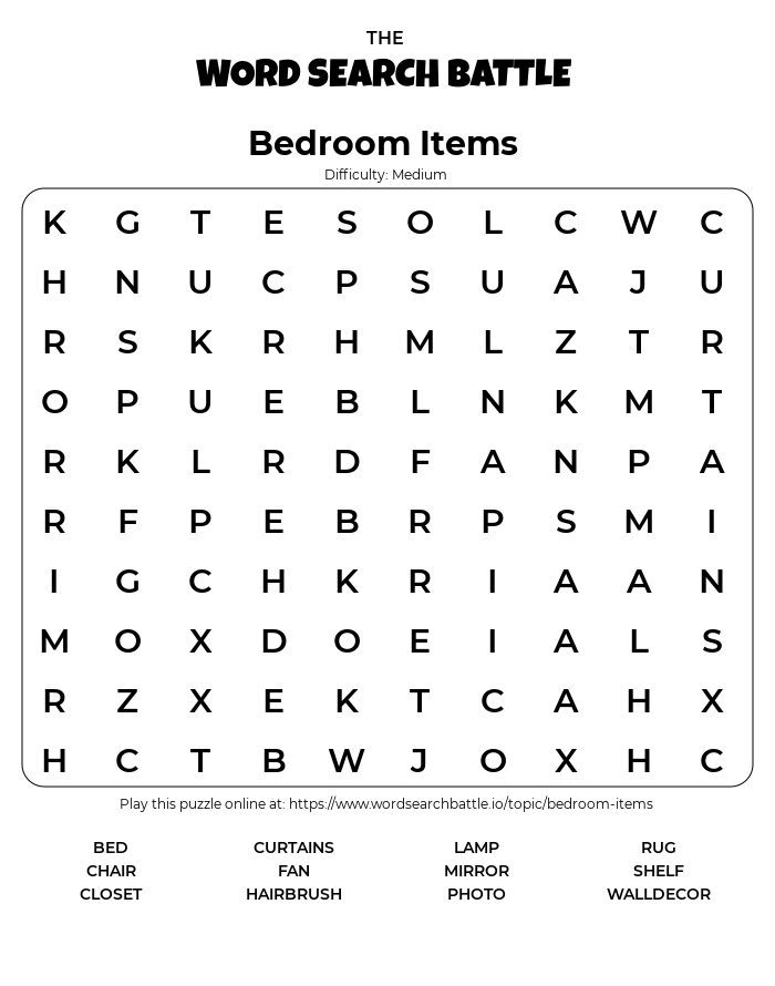 Printable Bedroom Items Word Search