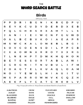 Printable Hard Birds Word Search