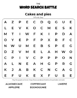 Printable Easy Cakes and Pies Word Search