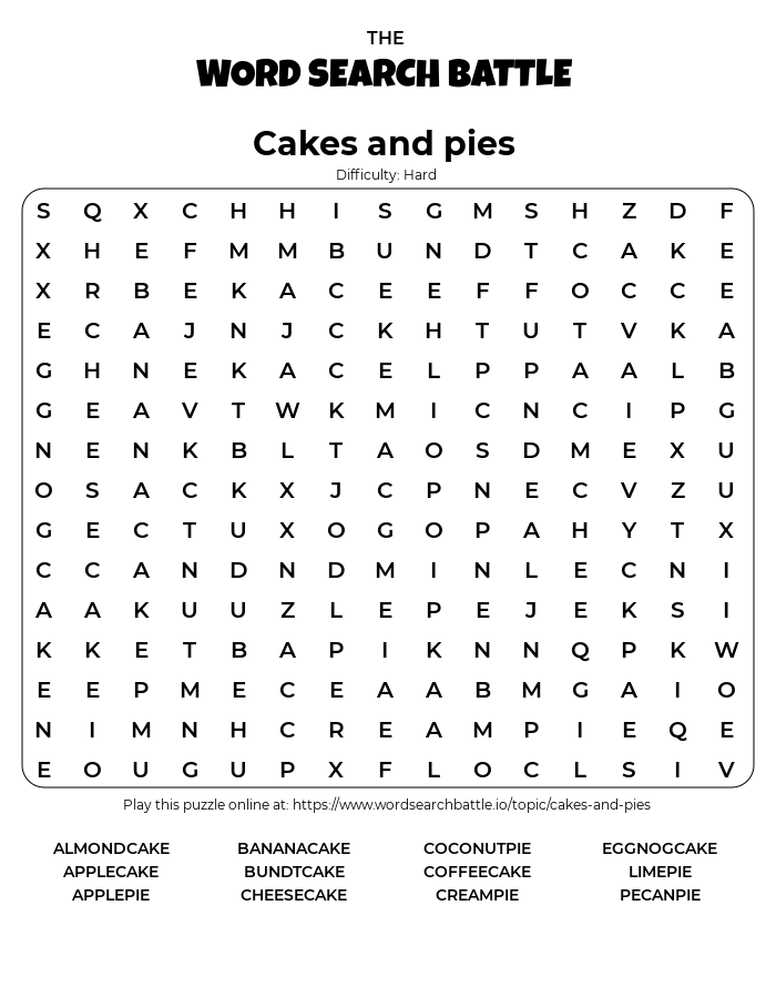 Printable Cakes And Pies Word Search