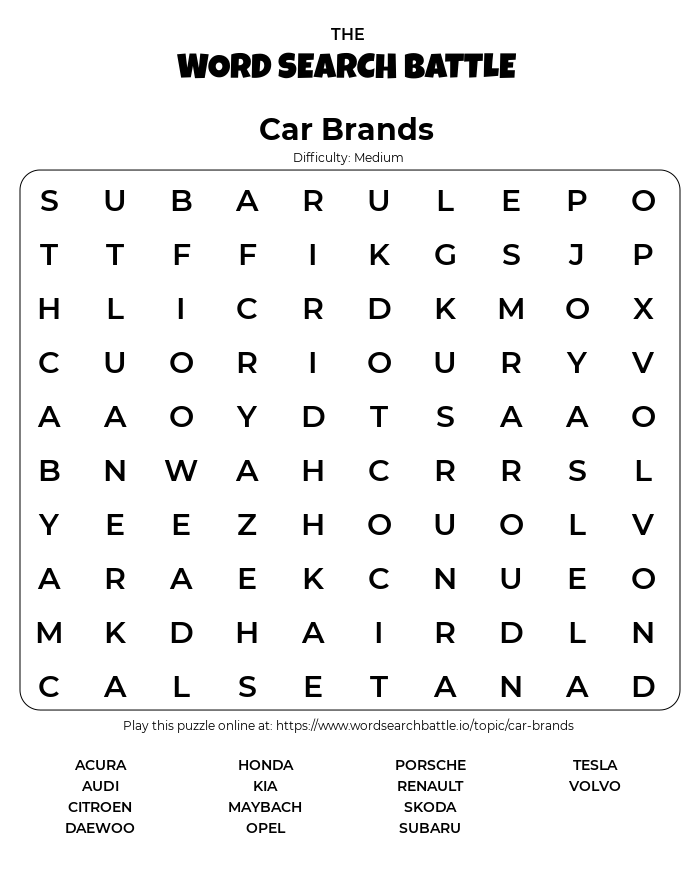 printable car brands word search
