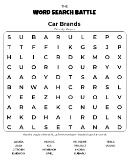Printable Car Brands Word Search Preview