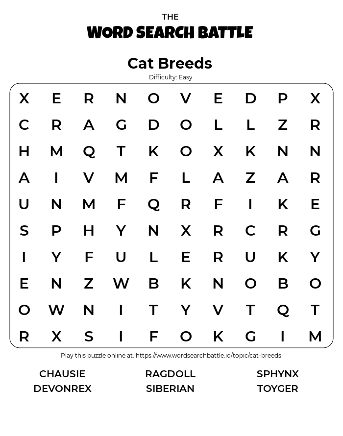 Printable Cat Breeds Word Search