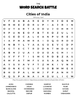 Printable Hard Cities of India Word Search