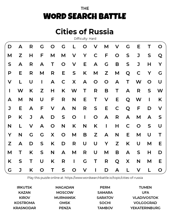 Printable Cities Of Russia Word Search