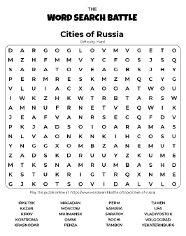 Printable Hard Cities of Russia Word Search