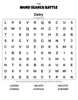 Printable Dairy Word Search