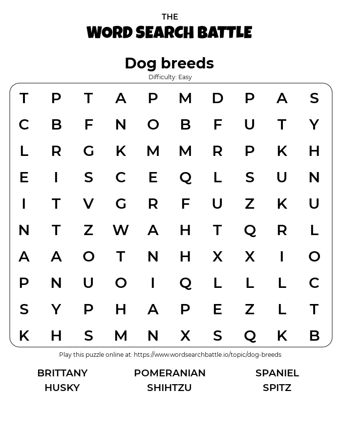 Printable Dog Breeds Word Search