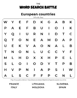 Printable Easy European Countries Word Search