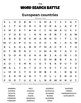 Printable Hard European Countries Word Search
