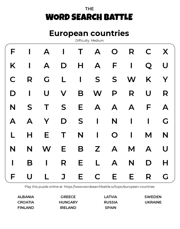 Printable European Countries Word Search