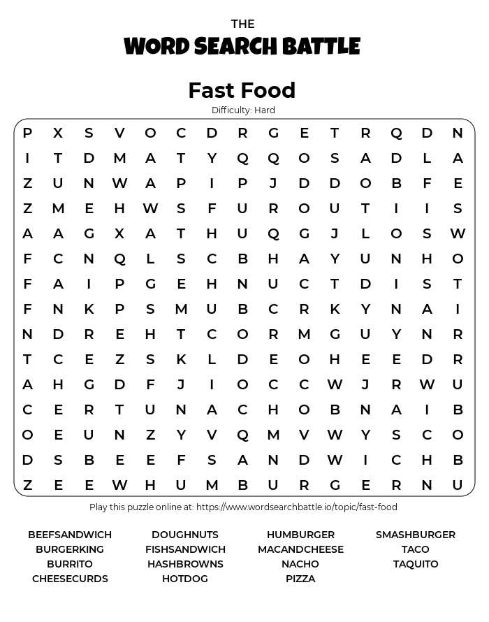 Printable Fast Food Word Search