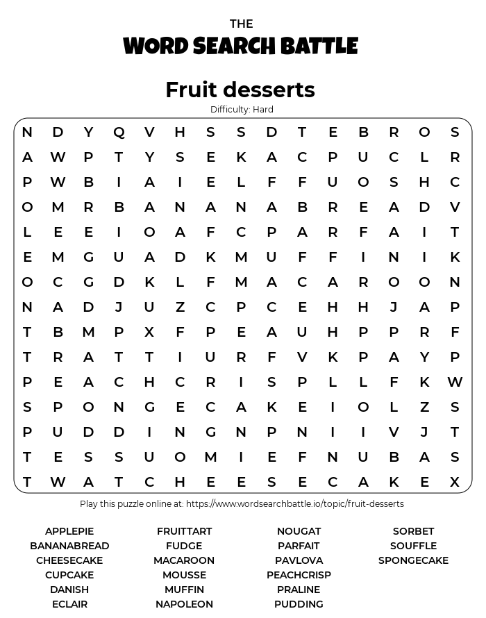 Printable Fruit Desserts Word Search