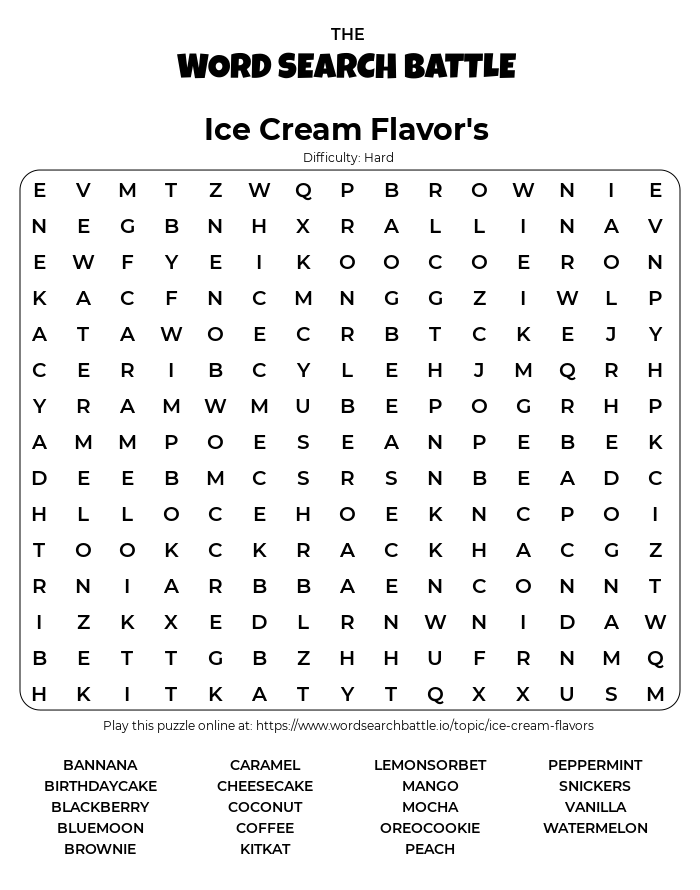 Printable Ice Cream Flavor s Word Search