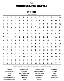 Printable Hard K-Pop Word Search