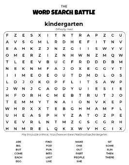 Printable Hard Kindergarten Word Search