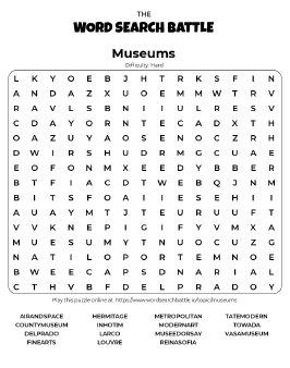 Printable Hard Museums Word Search