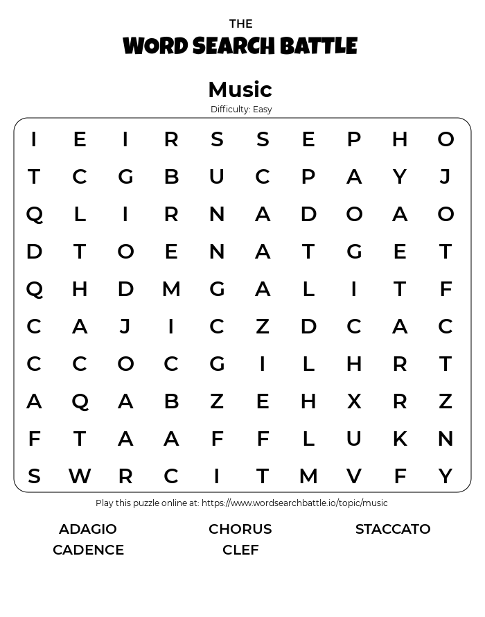 Printable Music Word Search