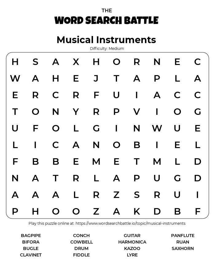 Printable Musical Instruments Word Search