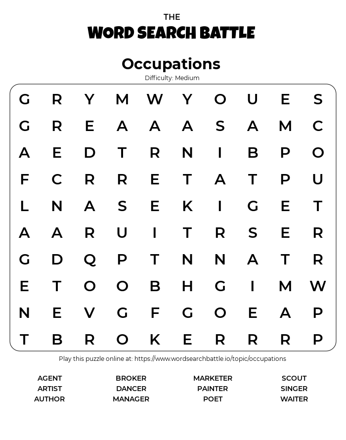 Printable Occupations Word Search