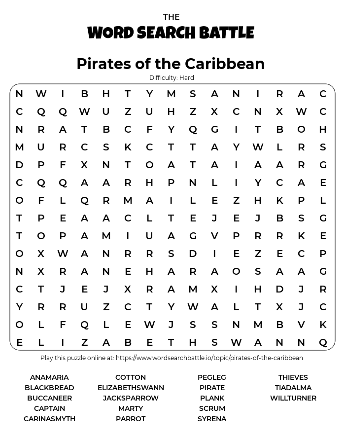 Printable Pirates Of The Caribbean Word Search