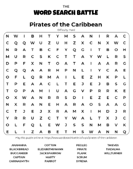 Printable Hard Pirates of the Caribbean Word Search
