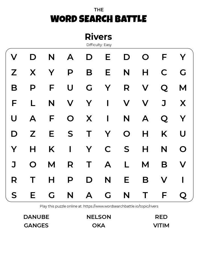 Printable Rivers Word Search