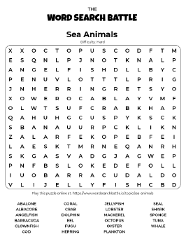 Printable Hard Sea Animals Word Search
