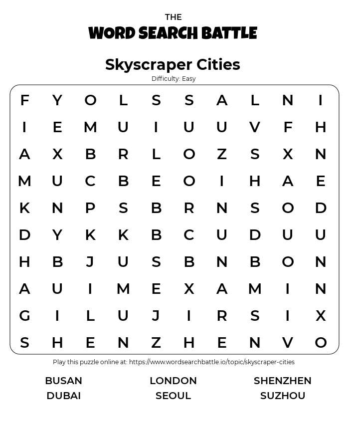 Printable Skyscraper Cities Word Search