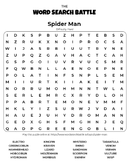 Printable Hard Spider Man Word Search