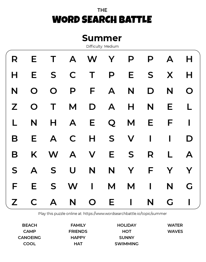 Printable Summer Word Search