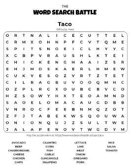 Printable Hard Taco Word Search