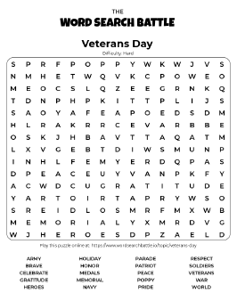 Printable Hard Veterans Day Word Search